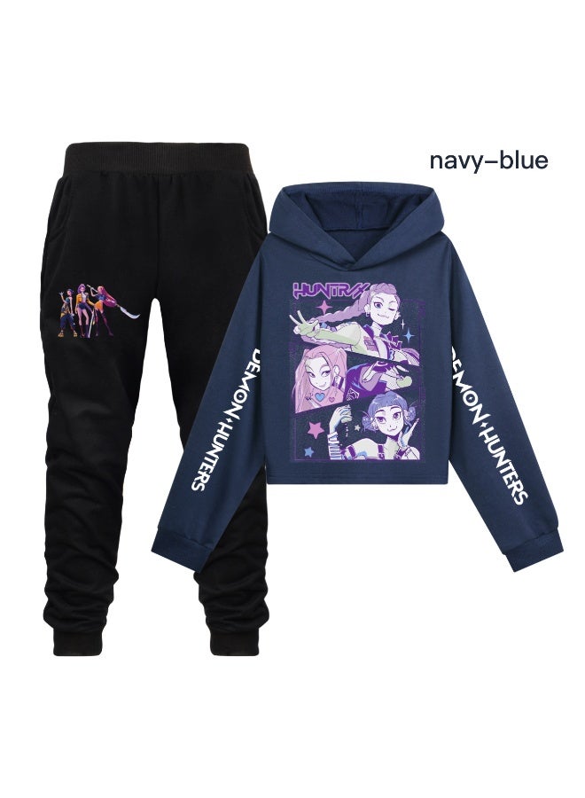 Navy-blue Kpop Demon Hunter Girl Group Half-waist Short Hoodie & Black Pants Set (Dual Sleeves Print)